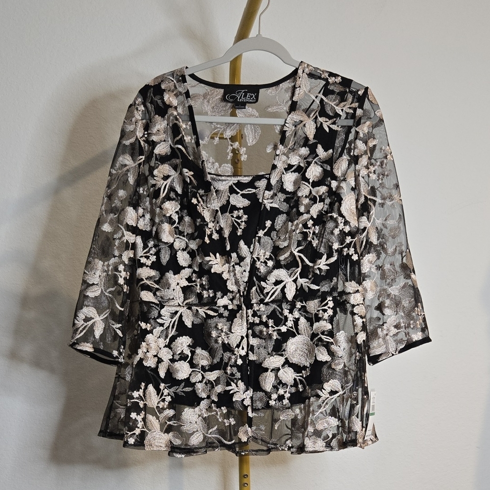 NWT Alex Evenings Black and Taupe Floral Size L